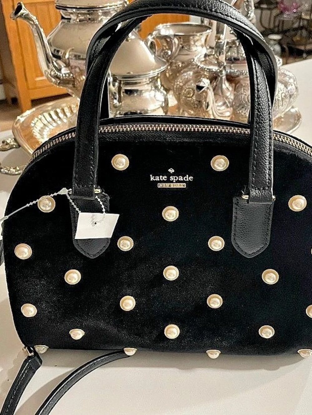Kate Spade Reiley Reily Laurel Way Velvet Pearl Satchel Black Bag Handbag Purse